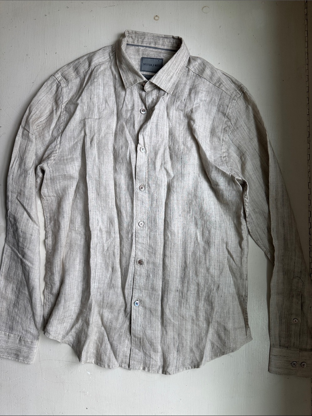 Stitch Note Linen Button-Up Shirt in Light Beige